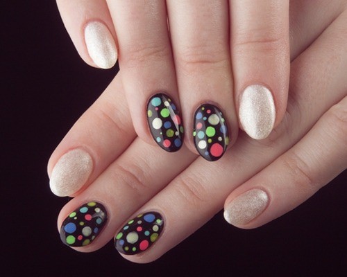 black-shimmer-nails-with-colorful-polka-dot-designs