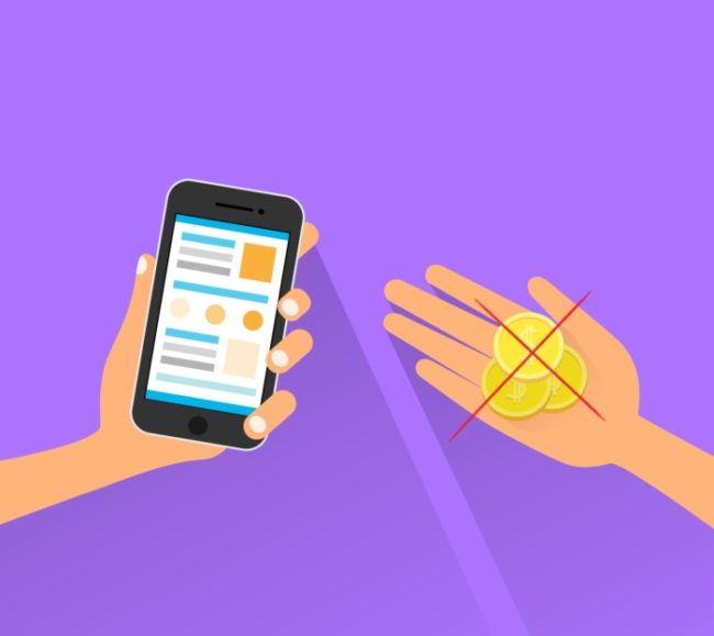 mobile payment cell smart phone technology hands with coins flat vector illustration